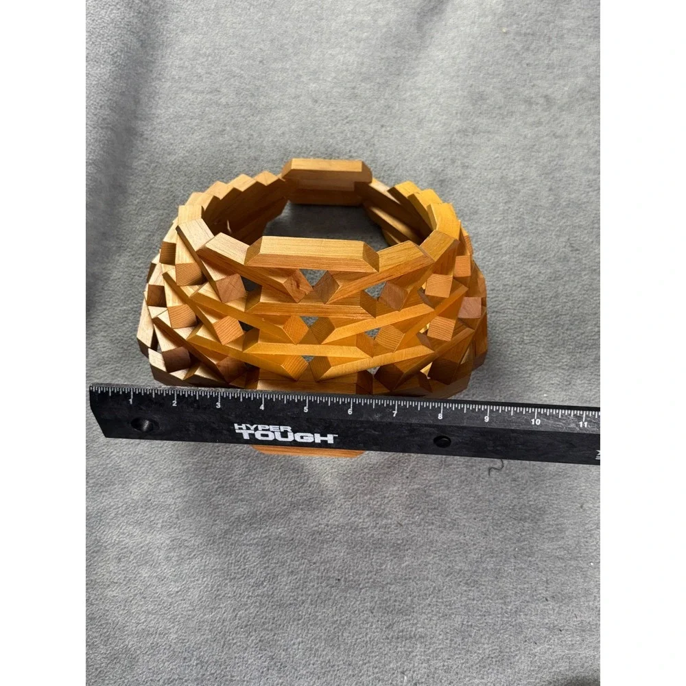 Vintage Geometric Collapsible Wooden Basket Interlocking Block Sculpture Bowl